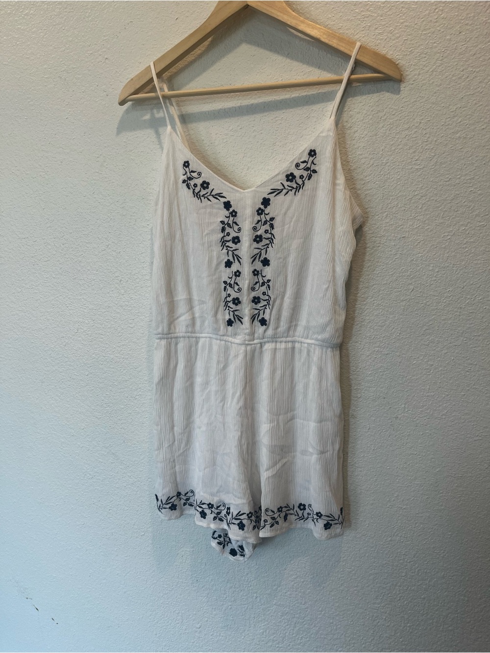 Blue Rain White Mini Romper with Navy Floral Embroidery